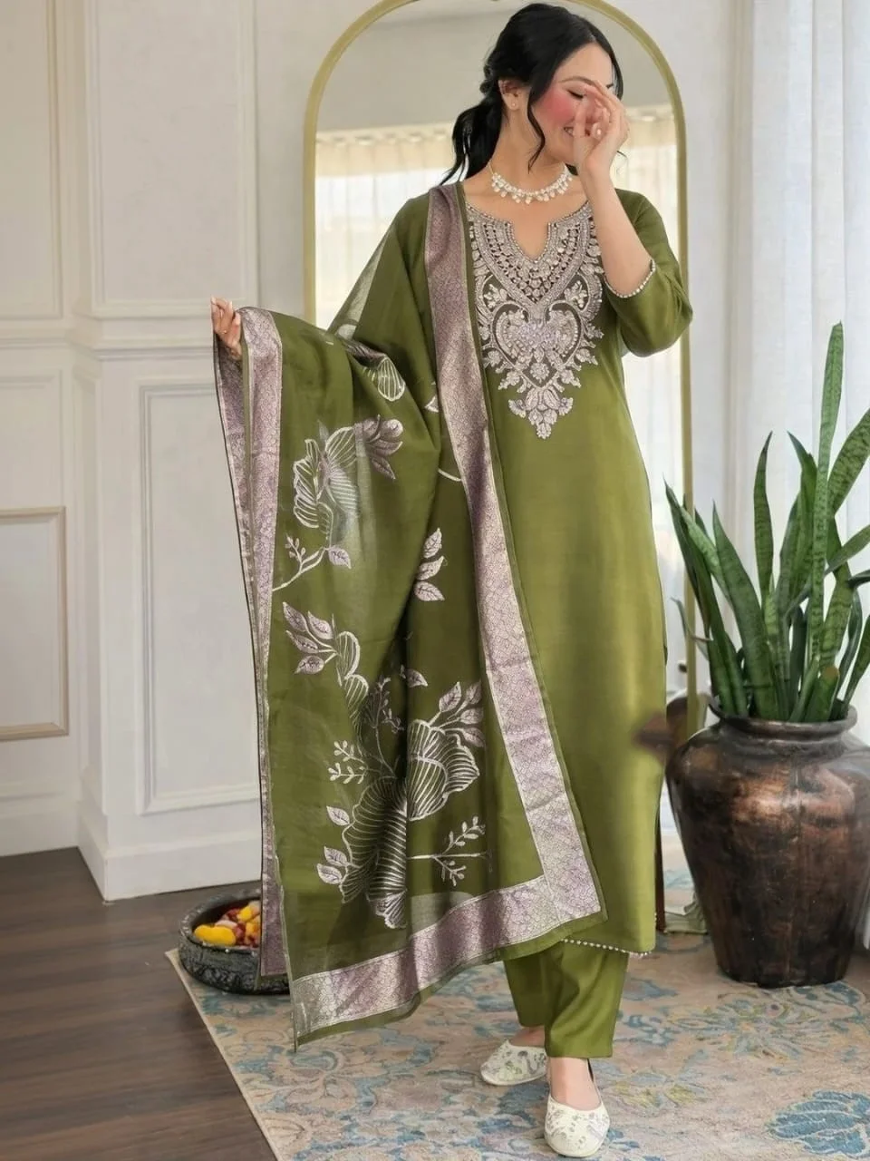 Cotton Embroidered Dupatta Set with Chanderi Floral Dupatta